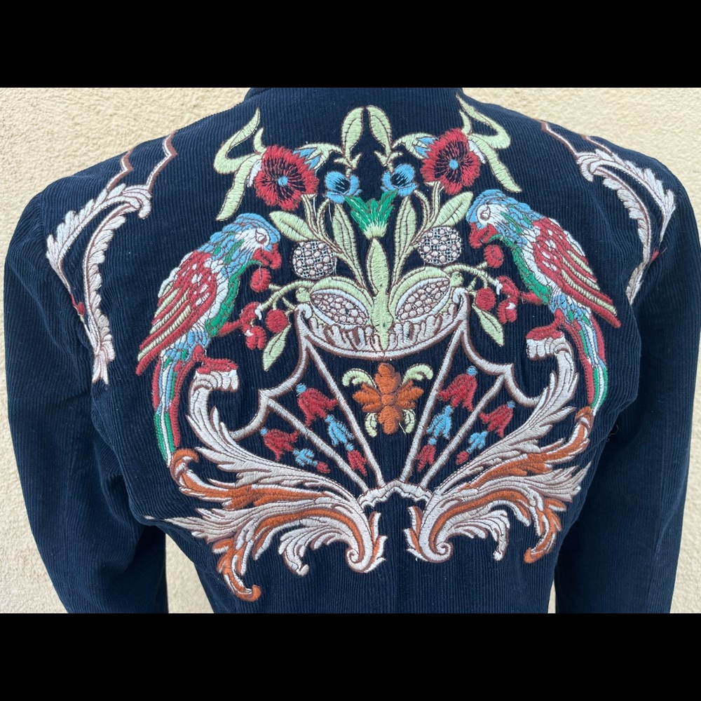 Johnny Was Corduroy Embroidered Navy Blue Long Coat  size S/M - Picture 10 of 12